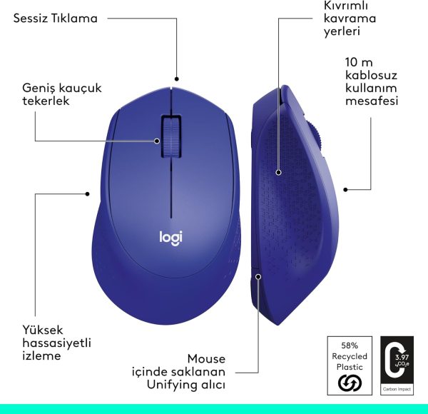 Logitech M330 Silent Plus Wireless Mouse, 2.4GHz with USB Nano Receiver, 1000 DPI Optical Tracking, 3 Buttons, 24 Month Life Battery, PC / Mac / Laptop, Blue, 910-004910 - Image 7