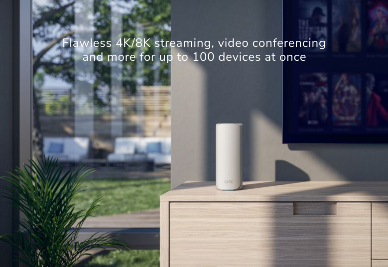 NETGEAR Orbi 770 Series Tri-Band WiFi 7 Mesh Network System (RBE773) – Router + 2 Satellite Extenders, Security Features, Up to 11Gbps, Covers up to 8,000 sq. ft., 100 Devices, 2.5 Gig Internet Port, RBE773-100EUS