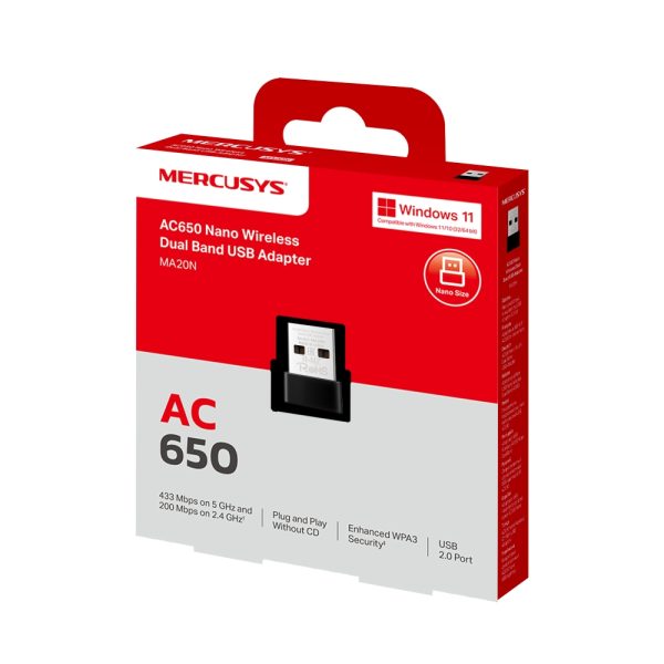 Mercusys MA20N AC650 Nano Wireless Dual Band USB Adapter, Black - Image 8