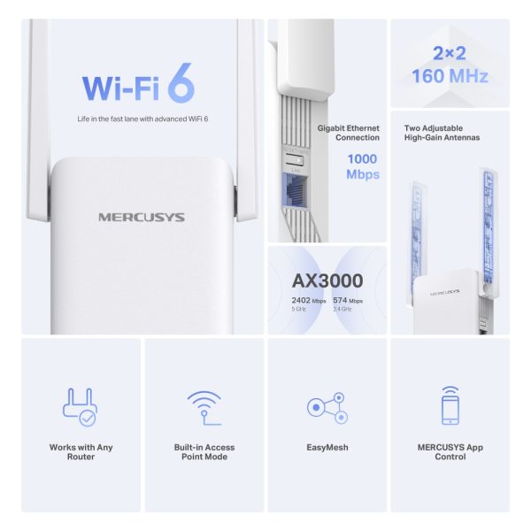 Mercusys ME80X AX3000 Wi-Fi 6 Range Extender, White - Image 8