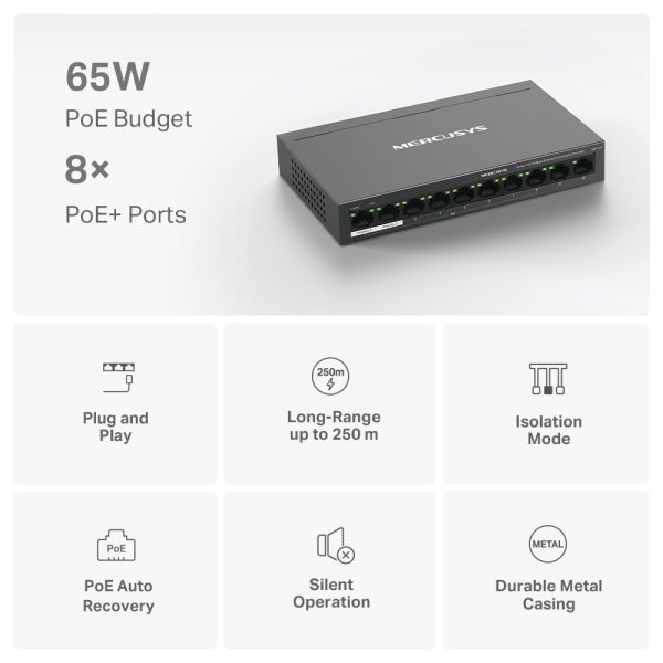 Mercusys MS110P 10-Port 10/100Mbps Desktop Switch with 8-Port PoE+, Black - Image 4