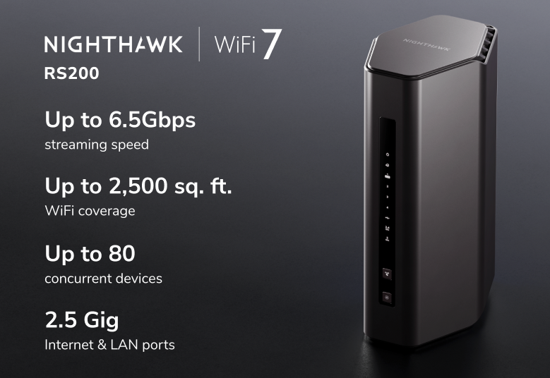 NETGEAR Nighthawk WiFi 7 Router (RS200) BE6500 6.5Gbps Wireless Speed – 2.5Gb Internet Port – Dual-Band Gigabit Gaming Router – Covers 2,500 sq. ft., 80 Devices – Built-in VPN, USB 3.0, 4K-QAM, RS200-100APS