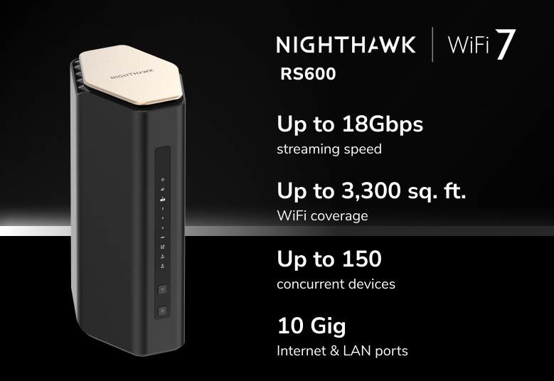 NETGEAR Nighthawk Tri-Band WiFi 7 Router (RS600) – Security Features, BE18000 Wireless Speed (up to 18 Gbps) – 10 Gig Internet Port – Covers up to 3,300 sq. ft., 150 Devices, RS600-100APS