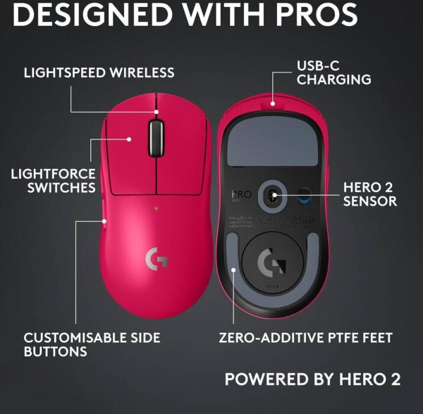 Logitech G PRO X SUPERLIGHT 2c wireless gaming mouse, 53 g pro-grade compact mouse with 5 programmable buttons, USB-C charging, 44K DPI sensor, up to 8 kHz polling for PC/Mac, Pink, 910-007546 - Image 4