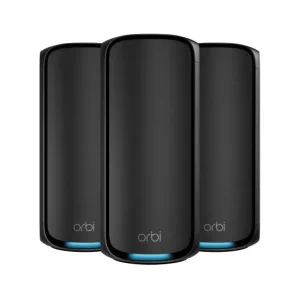 Netgear Orbi 970 Series Quad-Band WiFi 7 Mesh Network System RBE973S, Router + 2 Satellite Extenders, Covers Up to 10,000 sq. ft., 200 Devices, 10 Gig Internet Port, BE27000 Up to 27Gbps - Black, RBE973SB-100EUS