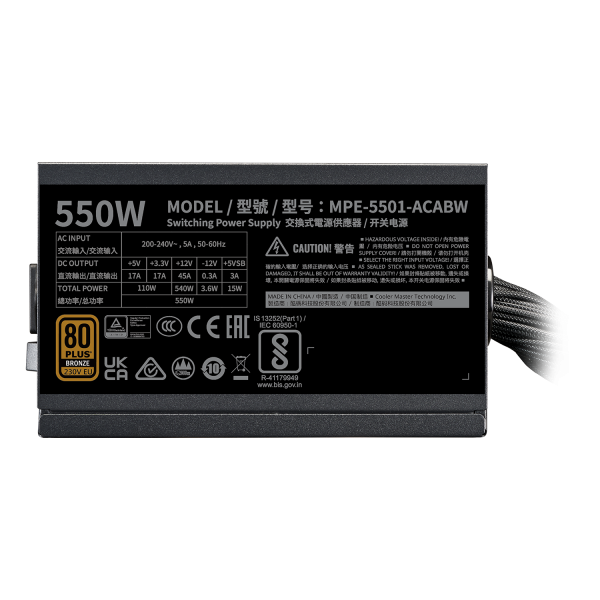 Cooler Master MWE Bronze 550 V3 ATX 31 Power Supply, 80+ Bronze Certified, 120mm HDB Fan, Non-Modular, Peakpower 200 percent, Black, MPE-5501-ACABW-3BUK - Image 4