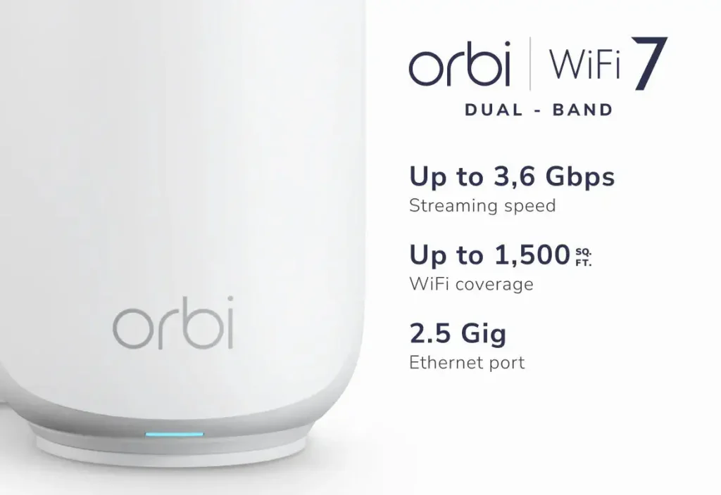 NETGEAR Orbi 370 Series Dual-Band WiFi 7 Mesh Network System for Home (RBE370) – Sattelite Unit for Extension, Security Features, 5 Gbps, Covers 4,000 sq.ft., 70 Devices, 2.5GB Internet Port, BE5000, RBE370-100EUS