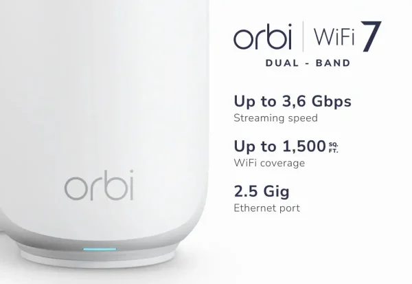 NETGEAR Orbi 370 Series Dual-Band WiFi 7 Mesh Network System for Home (RBE370) – Sattelite Unit for Extension, Security Features, 5 Gbps, Covers 4,000 sq.ft., 70 Devices, 2.5GB Internet Port, BE5000, RBE370-100EUS - Image 2